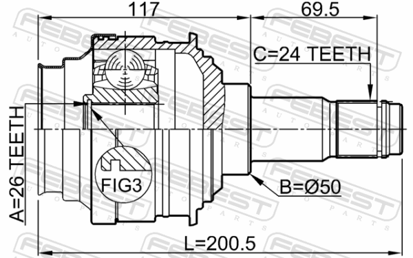 43040-06050 - Inner cv joint left 26x50x24 fits for toyota, lexus cars | FEBEST 0111-MCX20LH - Image 3